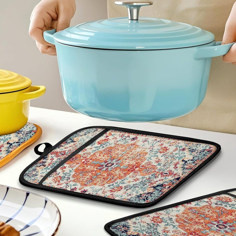 HUGANE Rustic Vintage Boho Pot Holders for Kitchen, Abstract Orange Blue Boho Ethnic Floral Botanical Heat Resistant Hot Pads and Oven Mitts for Baking Cooking - Image 5